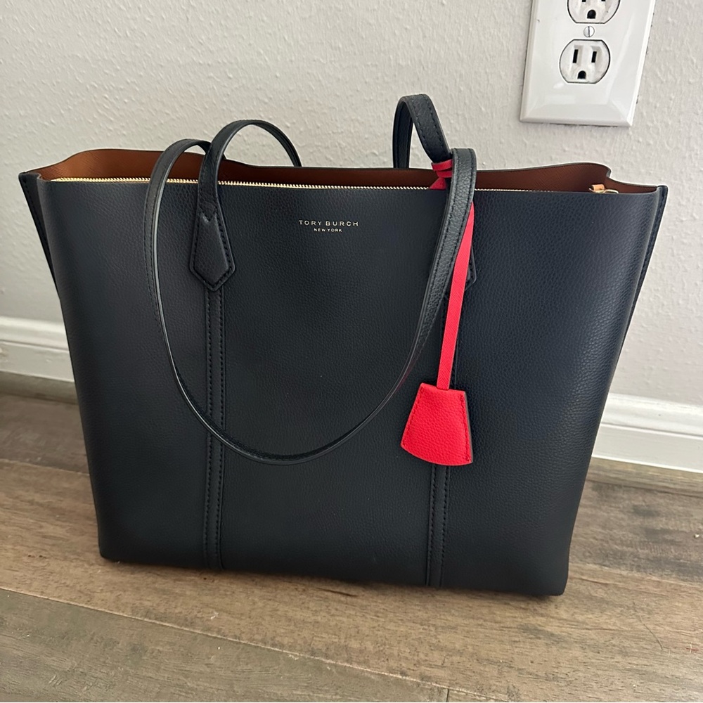 Tory Burch Perry Triple Compartment Tote Black Leather with Laptop Compartment